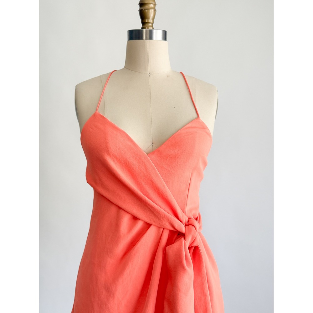 Alice + Olivia Wrap Mini Dress 2 Coral Neon Orange Side Tie Criss Cross Back - Picture 2 of 7